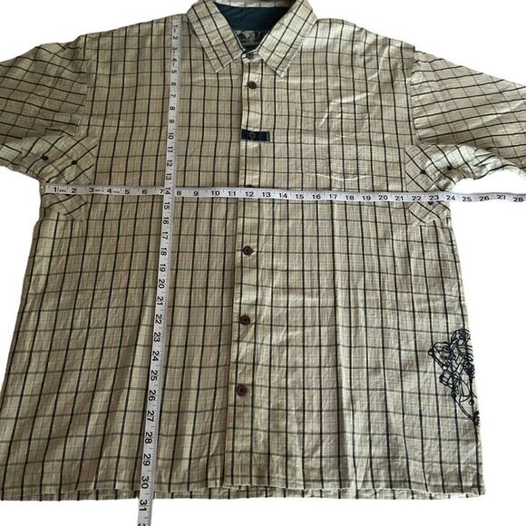 Thor 68 Shirt Button Down Plaid Tan Blue White Short Sleeve Graphic Logo Men XL - Picture 9 of 13